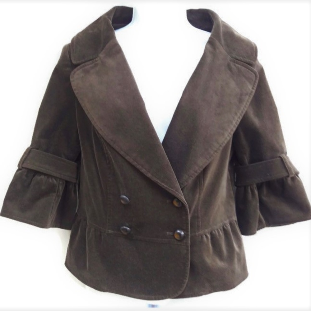 Zara Velvet Chocolate Brown Blazer Peplum Double Breasted Oversized Lapel L